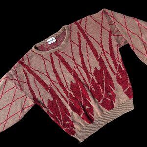 Vintage Knit Sweater 1980s Brown Red Bold Leaf Helen Sue USA Botanical Retro